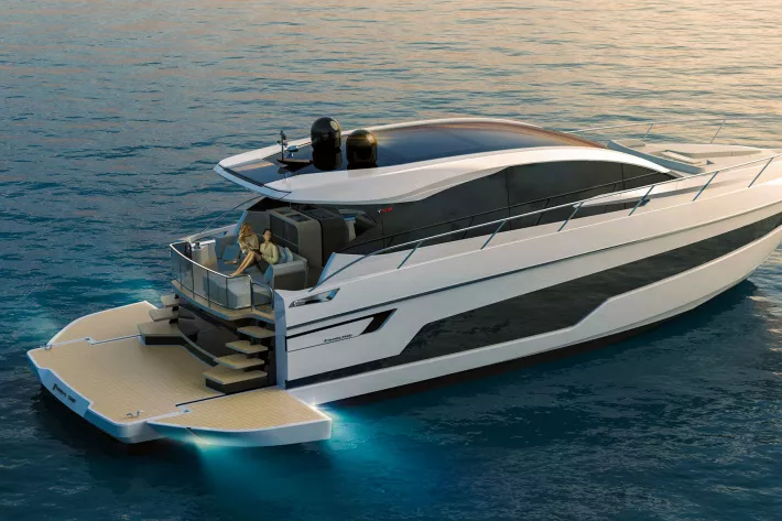 Внешний вид ожидаемой модели Fairline Targa 58 GTB. Одна из ее главных привлекательных черт — откидывающиеся борта в кормовой части корпуса - фото
