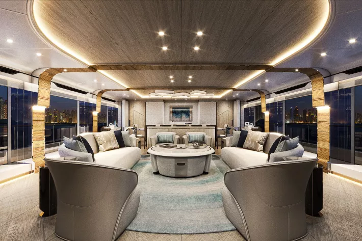 Основной салон Majesty 160 в темное время суток выглядит особенно эффектно, демонстрируя умение  дизайнера работать со светом - фото