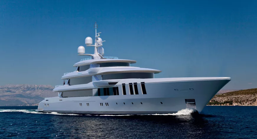 Turquoise 74. Длина 74,00 м, ширина 14,20 м, осадка 4,05 м, вместимость 1630 рег. т, материал корпуса сталь, материал надстройки алюминий, гостевые каюты 7, каюты экипажа 11, дизайн A. Vallicelli Yacht Design/Ken Freivokh Design/Turquoise Yachts
 - фото