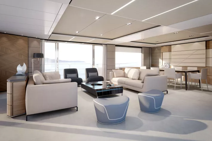Одна из сильных сторон Princess Yachts — кастом-интерьеры с использованием лучших материалов, в том числе от известных модных домов.
На фото —  вариант отделки салона Princess 35M Yacht - фото