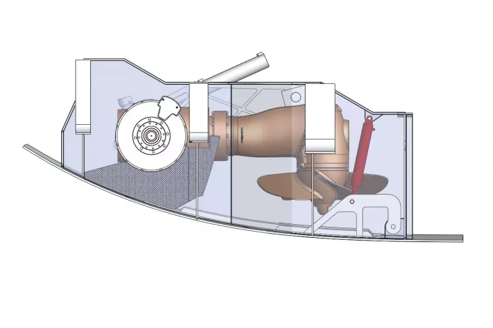 Днищевые колонки яхты Unfurled (Vitters). Исходное положение
Когда яхта идет под парусами, колонки убраны в корпус. - фото
