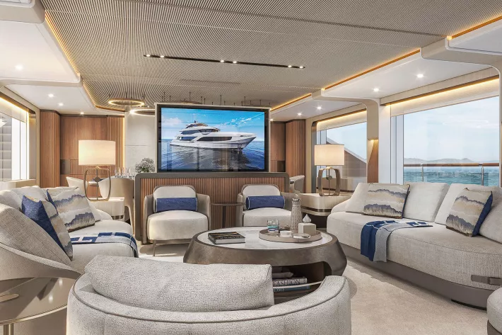 Основной салон и мастер-каюта первой Majesty 145, какими их видит Кристиано Гатто. У каждого владельца будет возможность изменить проект - фото