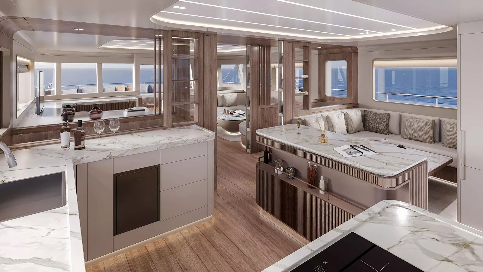 Планировка в камбузом в салоне на первом корпусе катамарана Bering